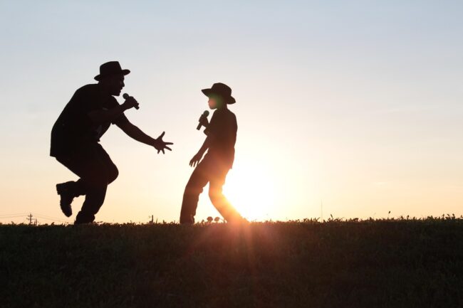 father and son, singing, nature, sunset, outdoors, dancing, sing, father's day