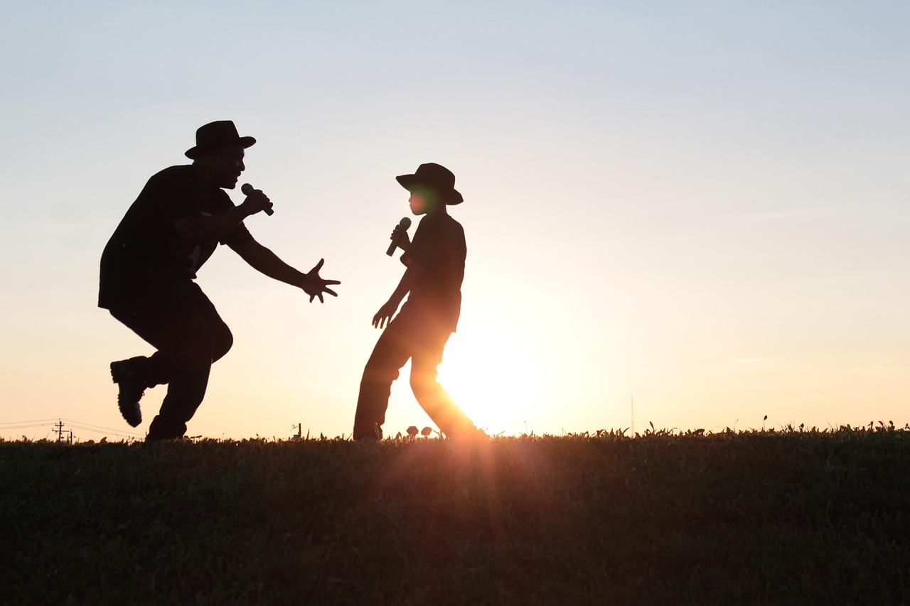 father and son, singing, nature, sunset, outdoors, dancing, sing, father's day